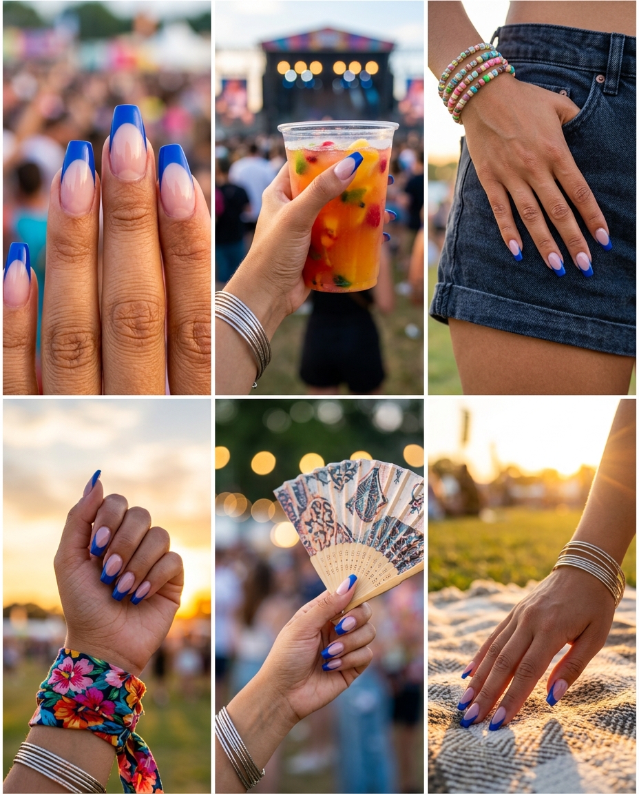 Edgy negative space cobalt blue French tip coffin nails for festivals and fashion events. French manicure summer 2026.
