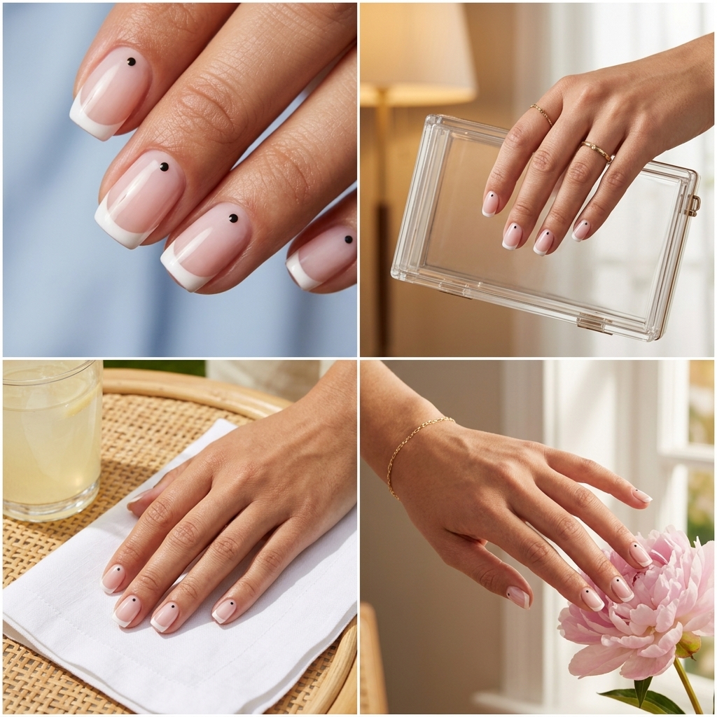 Dotty Milky French nails for french manicure summer 2026. Chic casual daily outfit.