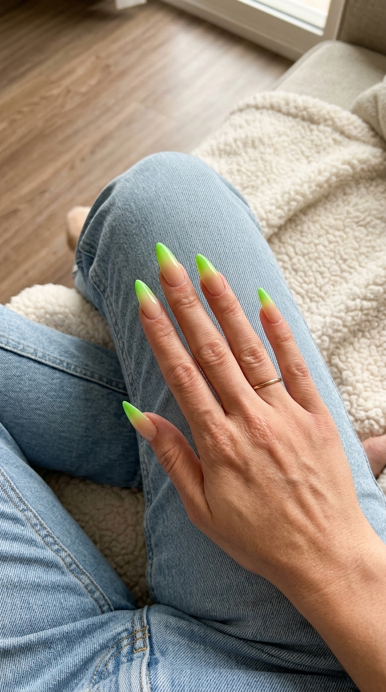 Electric Green Gradient French Tip Stilettos for french manicure summer 2026. Bold festival outfit.