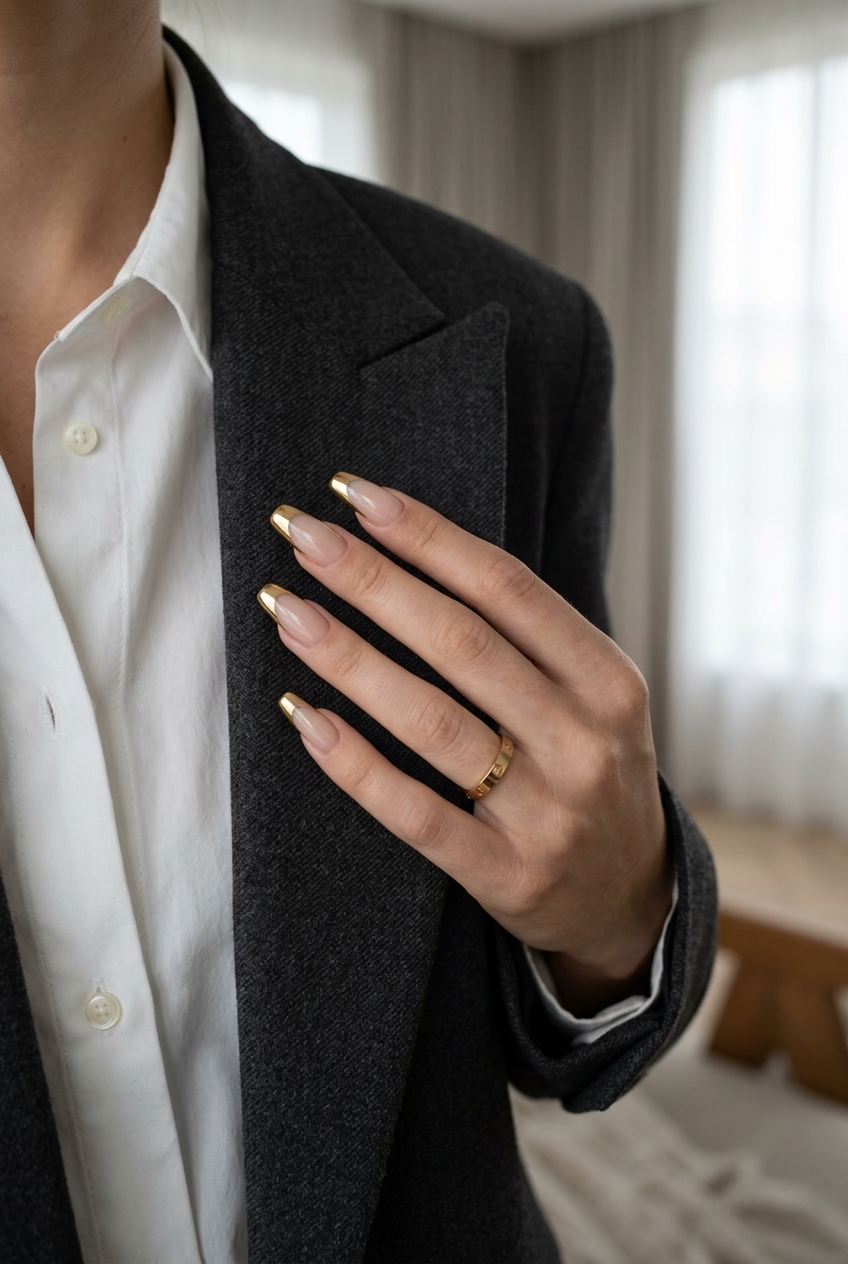 Gilded Chrome French Coffin nails for french manicure summer 2026. Glamorous formal event outfit.