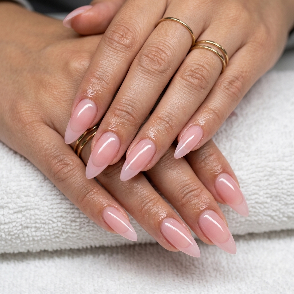 Glass Pink Micro French Stiletto nails for french manicure summer 2026. Futuristic party outfit.