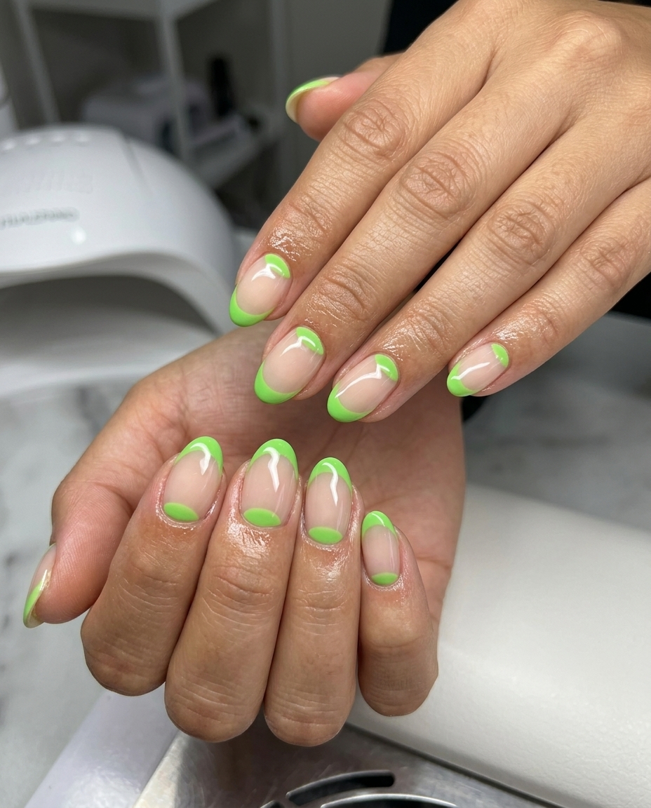 Playful reverse lime green French tip oval nails for festivals and casual summer days. French manicure summer 2026.