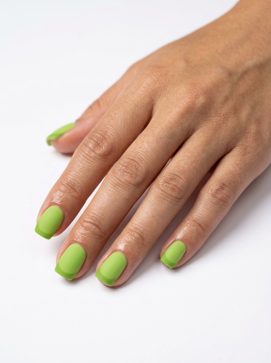 Bold matte lime green French tip squoval nails for festivals and summer parties. French manicure summer 2026.