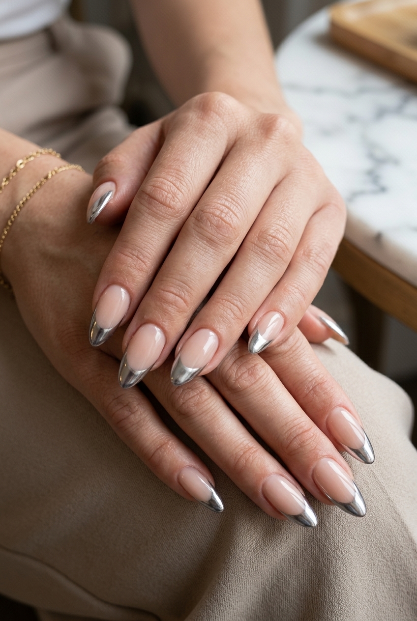 Metallic silver chrome French manicure summer 2026 on stiletto nails for bold party looks.