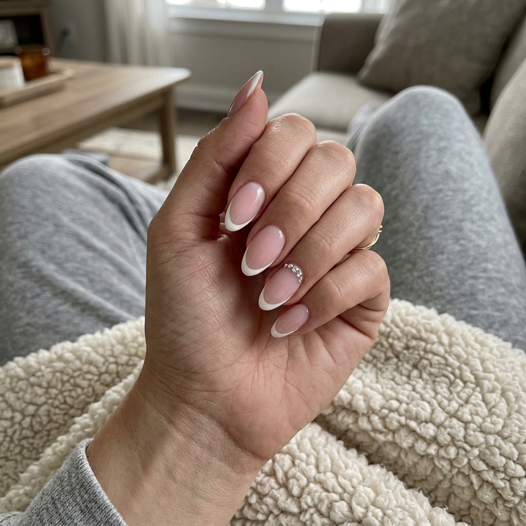 Milky Pink Pearl French with Rhinestone Accents for french manicure summer 2026. Elegant date night outfit.