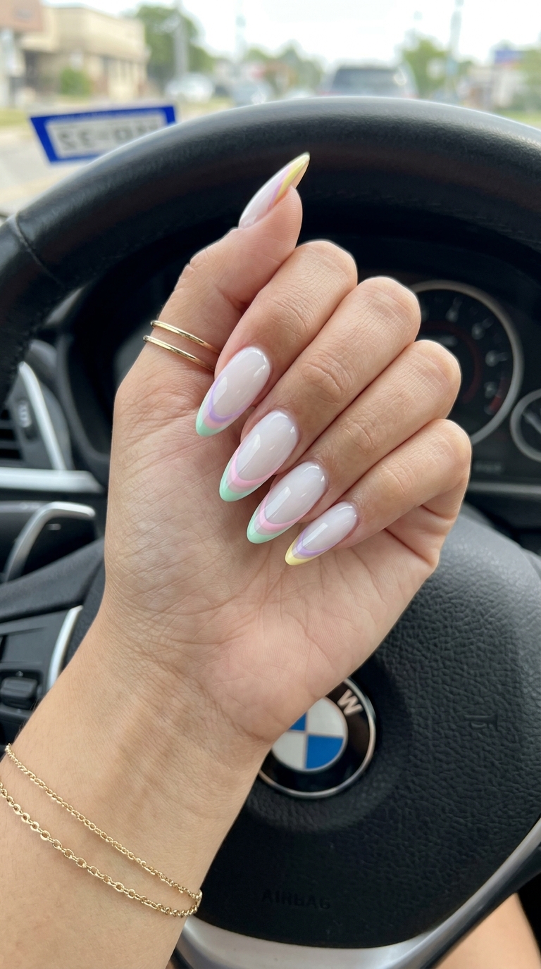 Pastel rainbow layered French manicure summer 2026 for whimsical vacation styles.