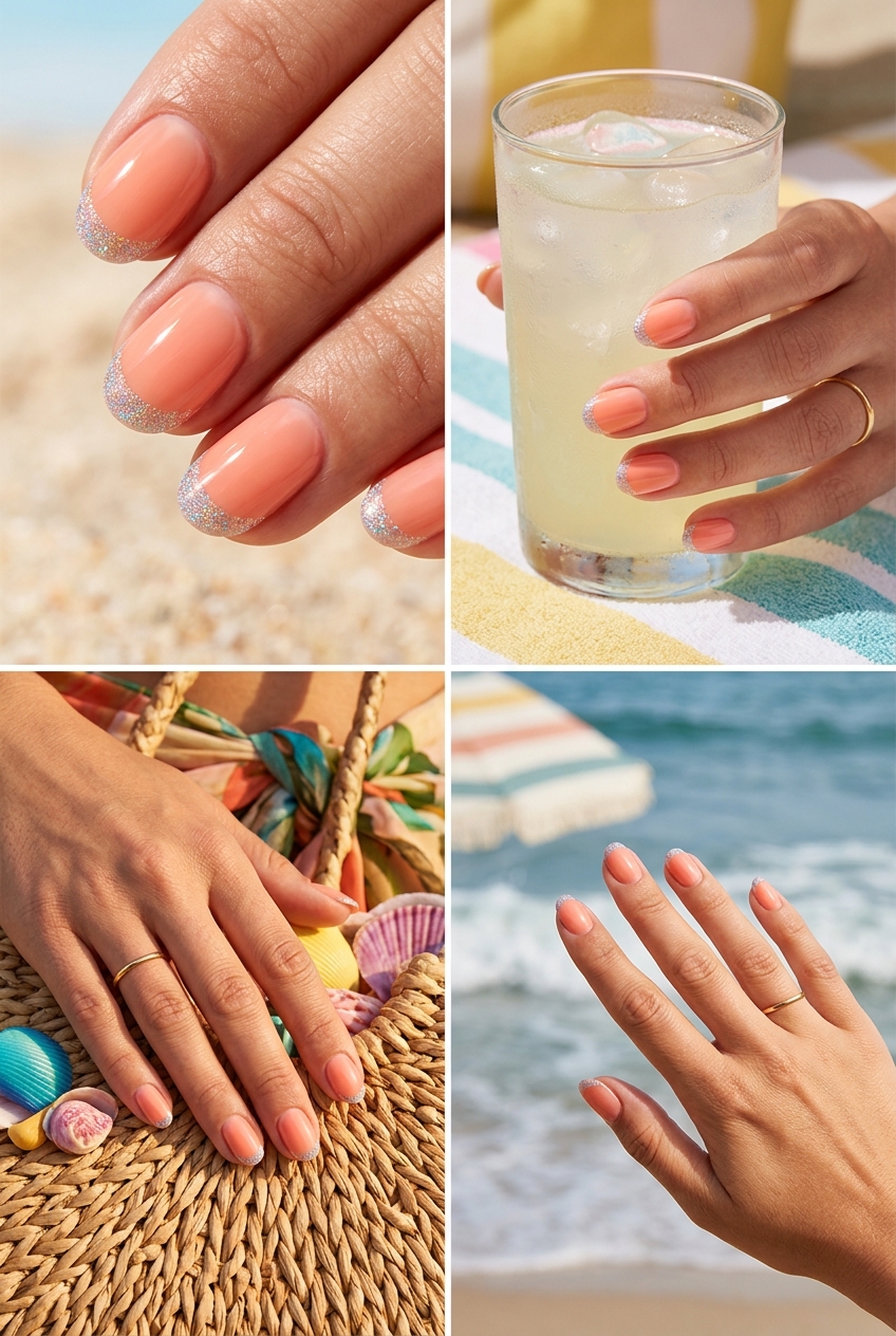 Sparkling peach holographic glitter French tip oval nails for vacation and summer parties. French manicure summer 2026.