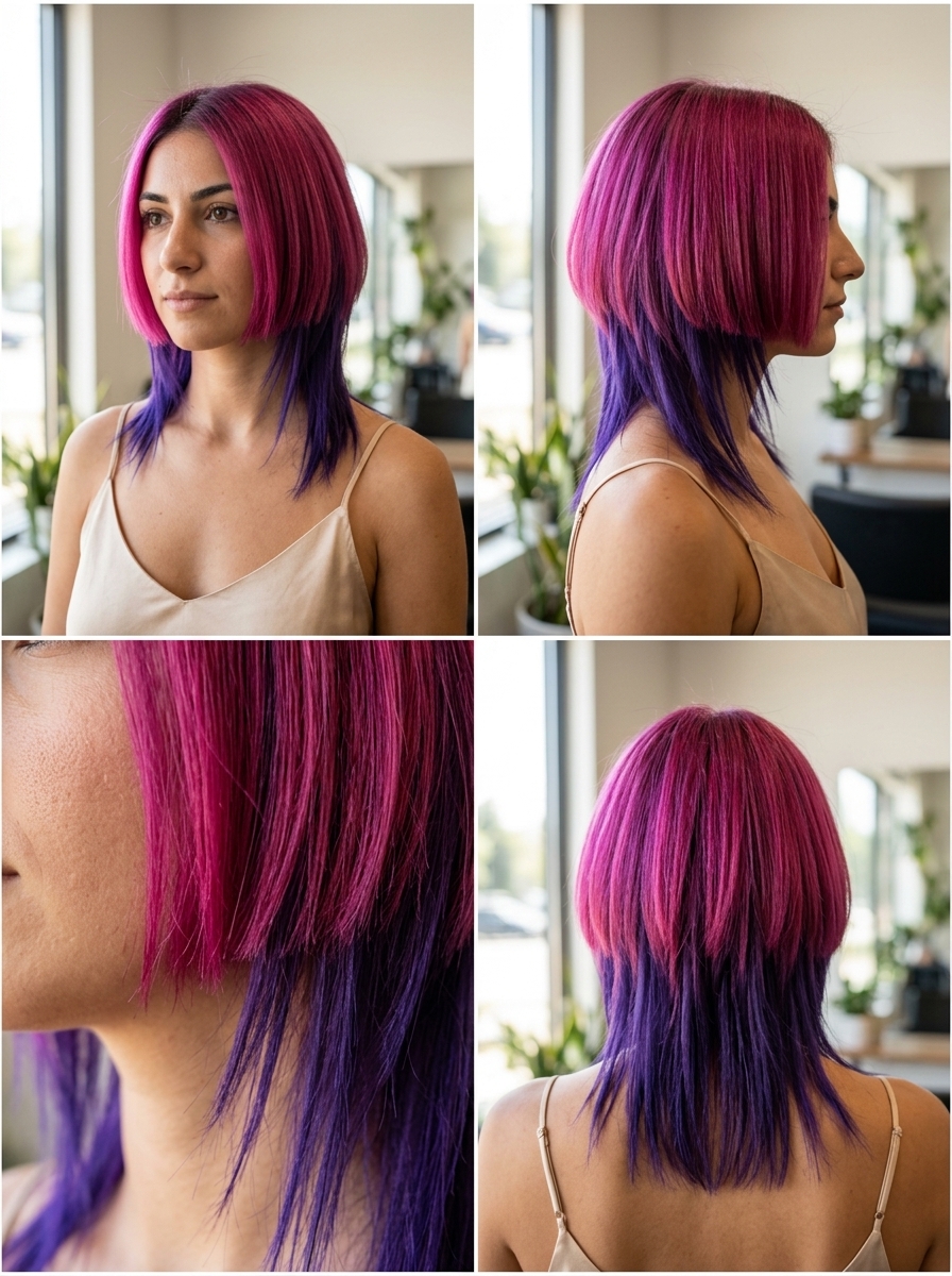 chin-length jellyfish bob haircut in vivid fuchsia with disconnected violet under-layers