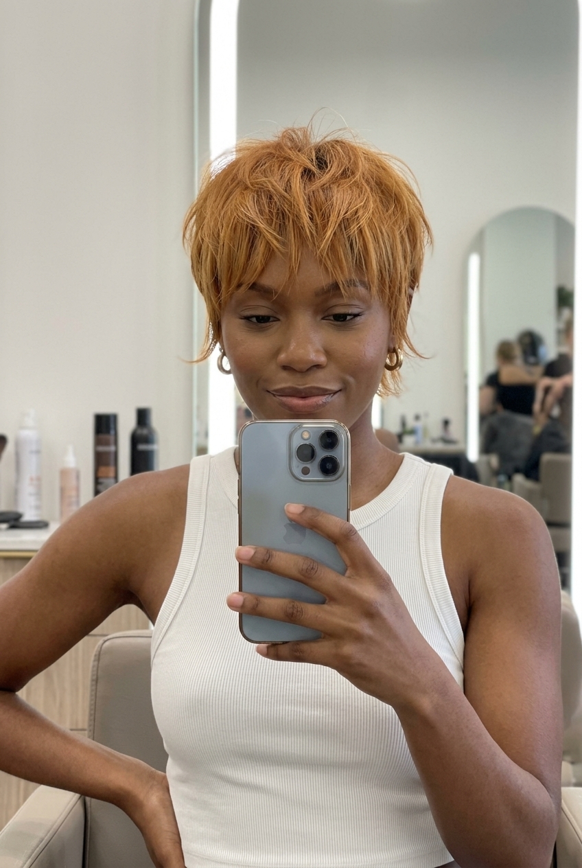 short textured crop in natural ginger with golden undertones, wispy fringe, tapered nape — playful and youthful