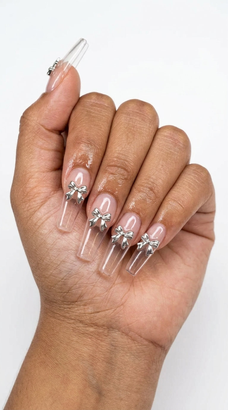 Glass Nails with 3D Bows 2026: Festival Fun Glass nails with 3D chrome bows for trending summer nails 2026. Playful, whimsical festival and party style.