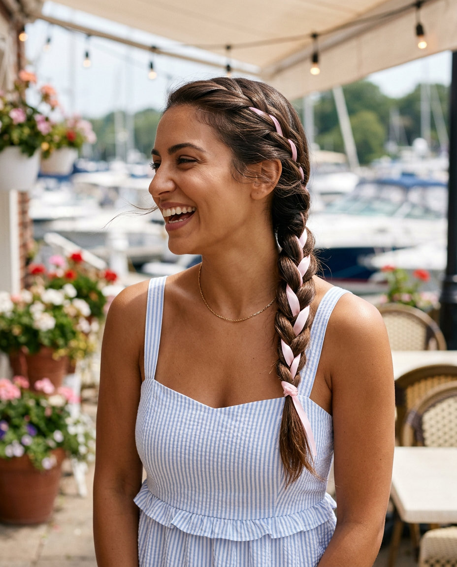 long braided hairstyle with glossy brunette and soft pastels, woven ribbon, no fringe — romantic wedding guest look