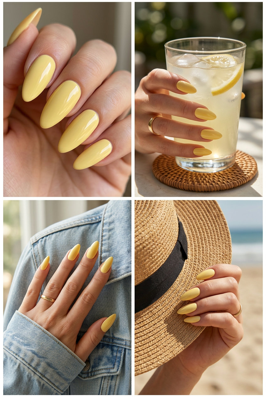 Glossy butter yellow extra-long almond nails for summer parties, a glamorous and bold solid summer nails 2026 statement.