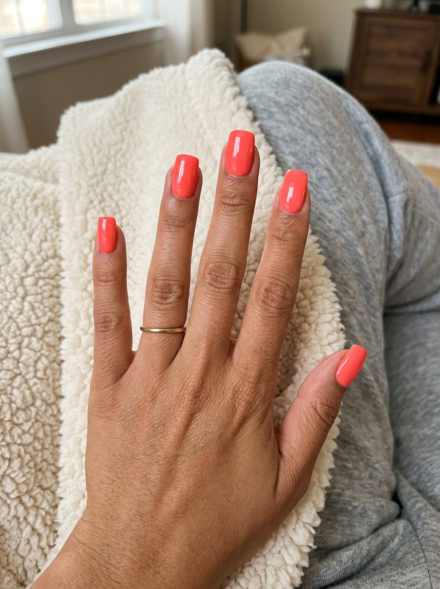Glossy Coral Square Nails 2026: Sporty Everyday Style Glossy coral medium square nails for everyday wear, a sporty and cheerful solid summer nails 2026 choice.