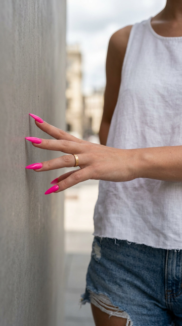 Hot Pink Stiletto Nails 2026: Bold Night Out Style Glossy hot pink stiletto nails for parties, an edgy and glamorous solid summer nails 2026 look.