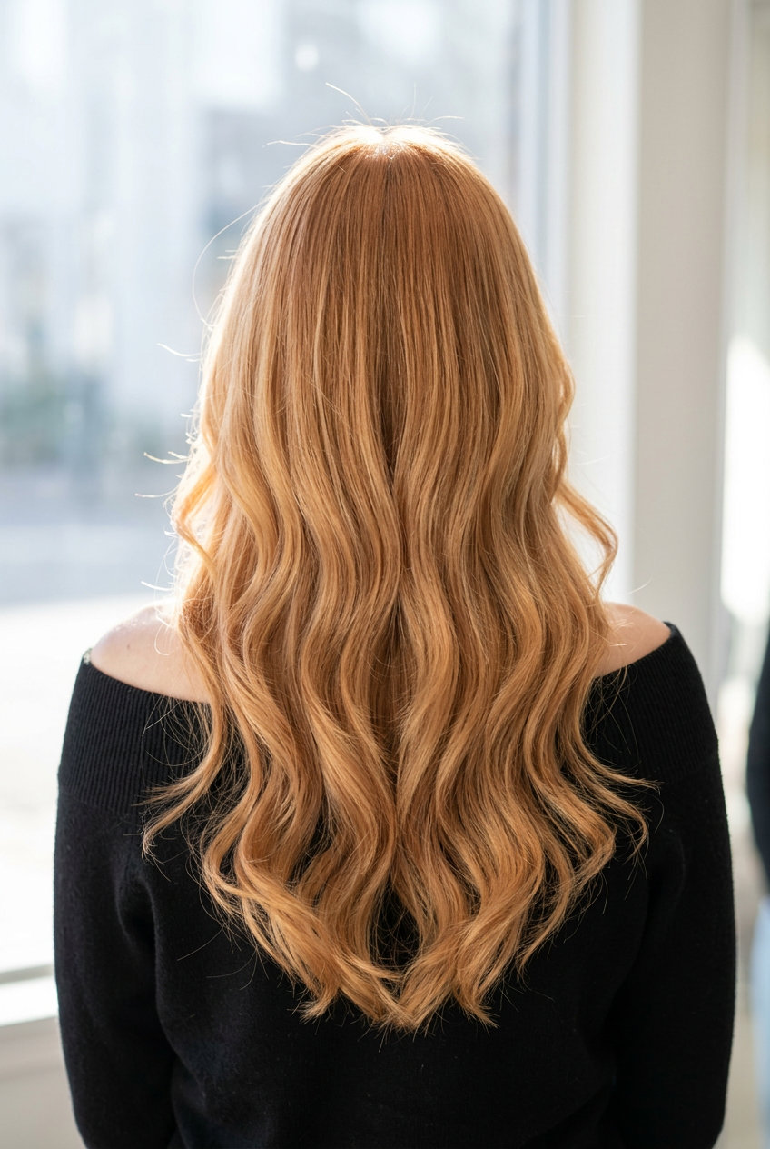 long golden apricot waves with cascading layers and face-framing pieces for relaxed summer styles