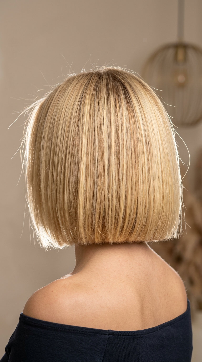 chin-length Italian bob haircut in golden blonde with vanilla root smudge and blunt perimeter for summer