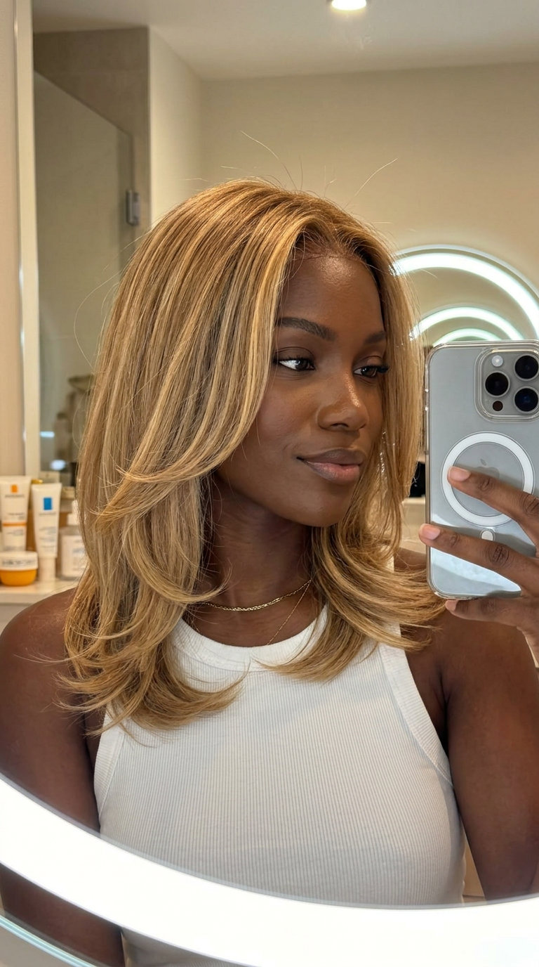 collarbone haircut in golden blonde with honey balayage and outward flicked ends for weekend outings