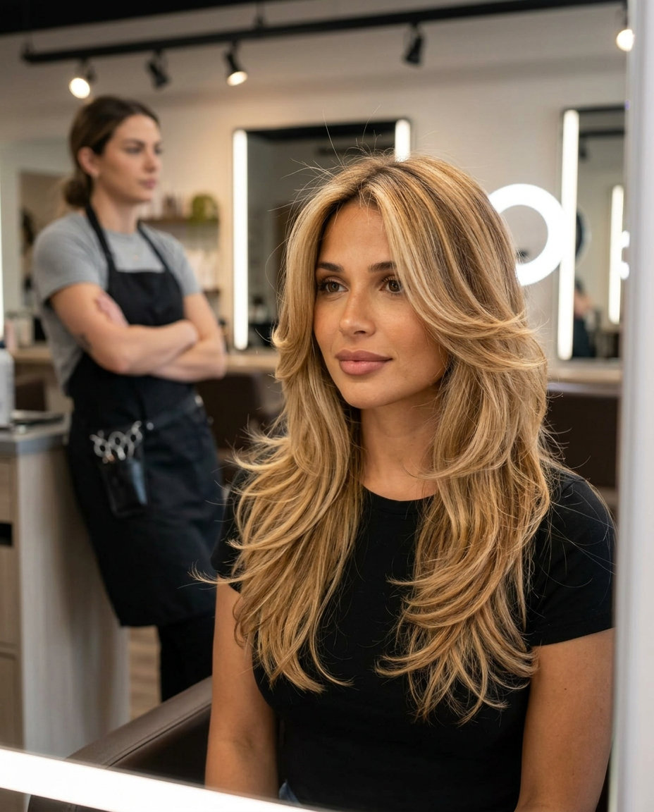 long butterfly haircut in golden blonde with honey and caramel balayage, face-framing layers, no bangs — bohemian summer vibe