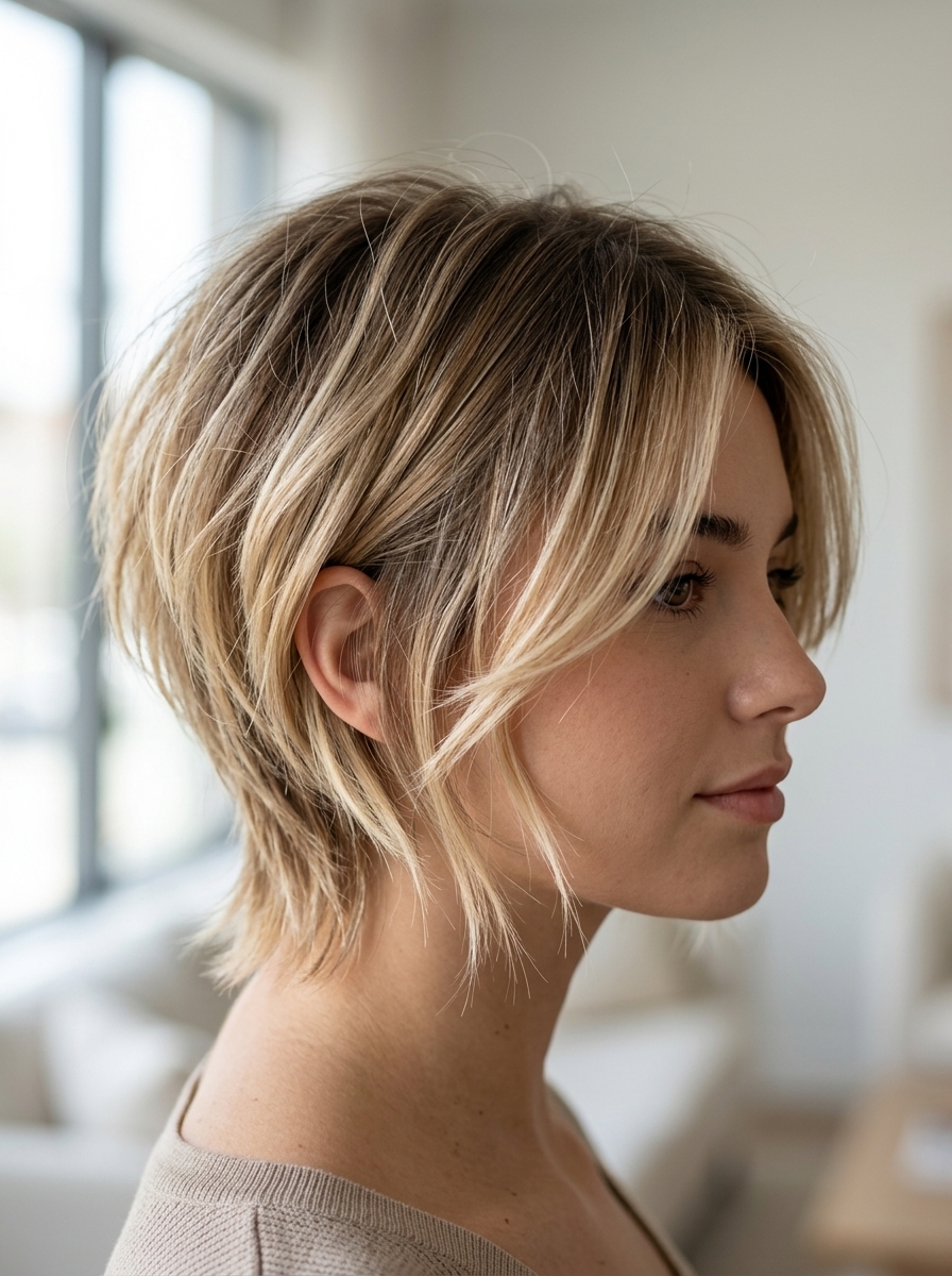 short bixie haircut golden blonde ombré with natural root, textured layers, face-framing pieces — soft effortless