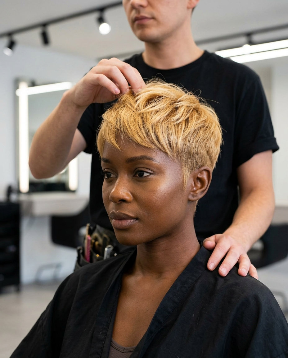 Sunbeam Pixie: Golden Blonde 2026 short textured pixie golden blonde with warm butter tones, clipper faded sides, short side-swept fringe β playful edgy style