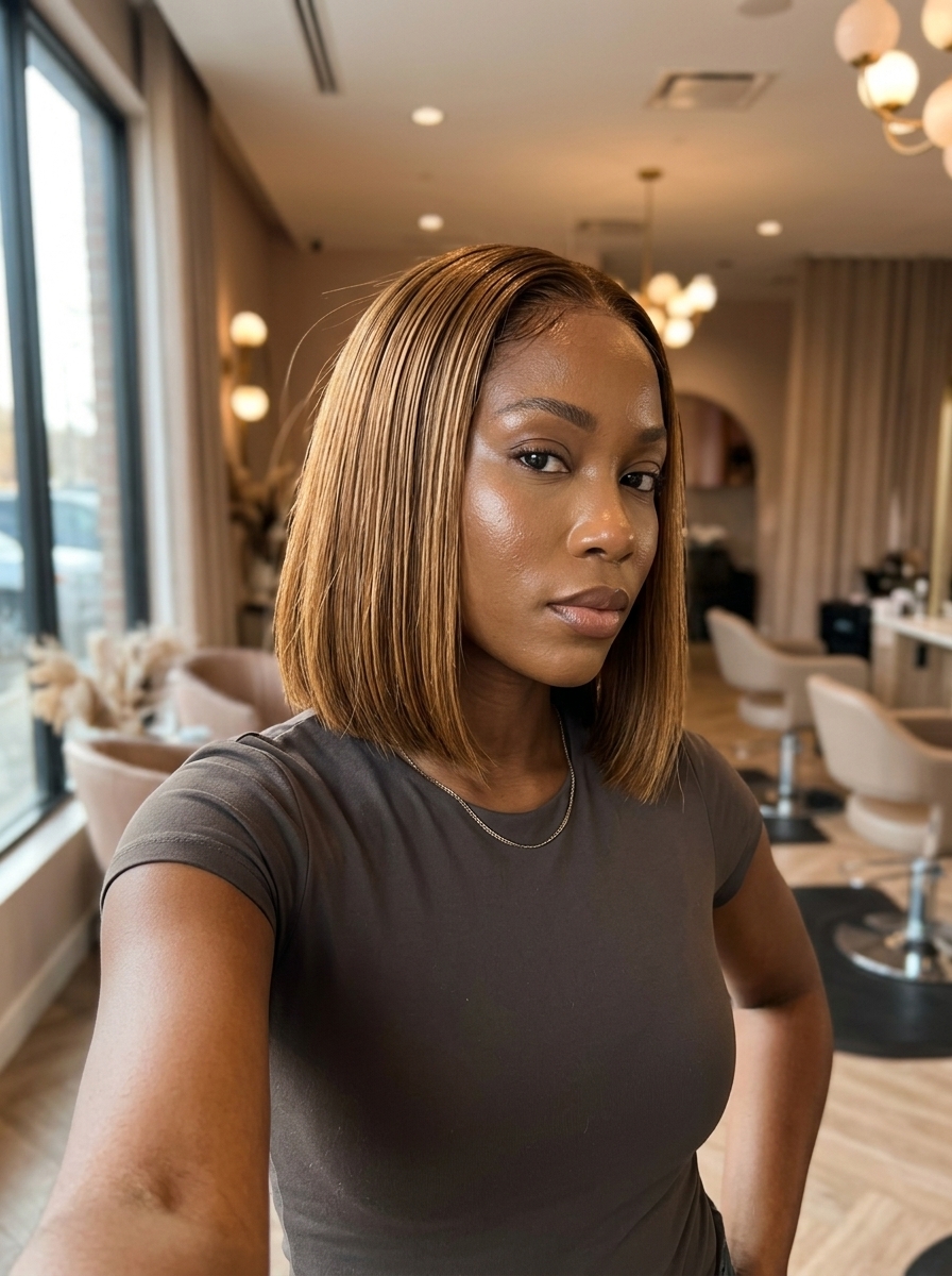 chin-length blunt bob haircut in golden brown, deep side part — sophisticated professional