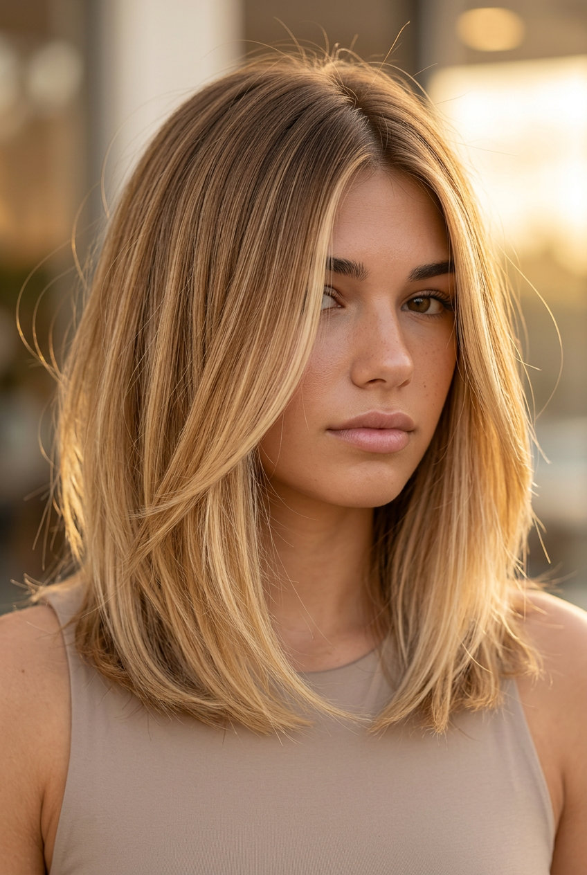 shoulder-length golden brown to honey blonde ombre lob with babylights for beach