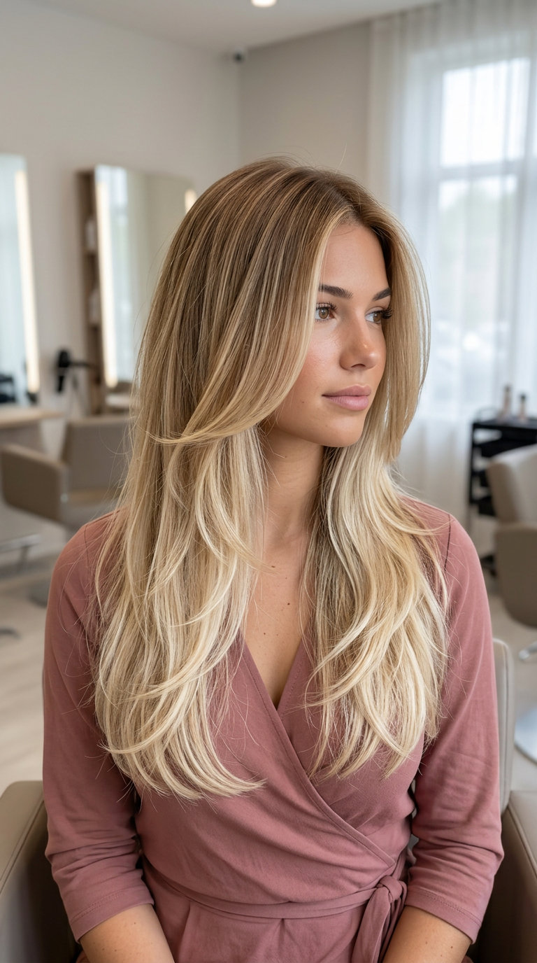 long flowing ombre hair with golden brown to butter blonde to vanilla melt, face-framing layers, U-cut back — soft radiant effortless