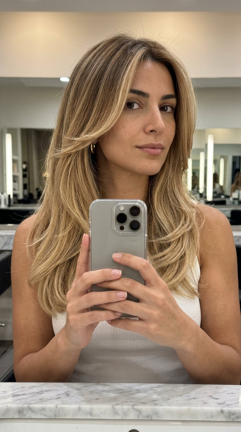 long flowing ombre hair with golden brown to honey blonde melt, face-framing babylights, U-cut back — effortless soft sun-drenched