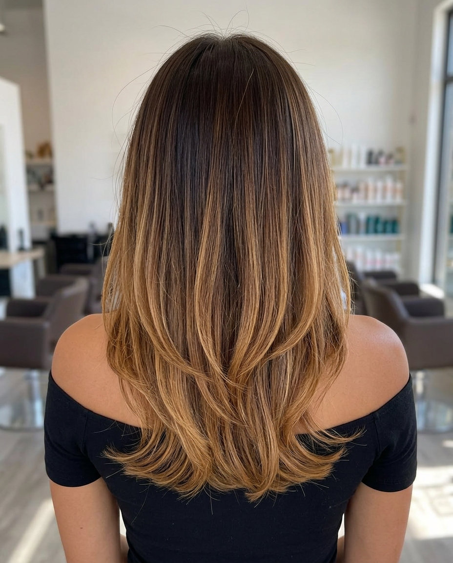 long layered hair with golden brown ombré, balayage technique, no fringe — bohemian