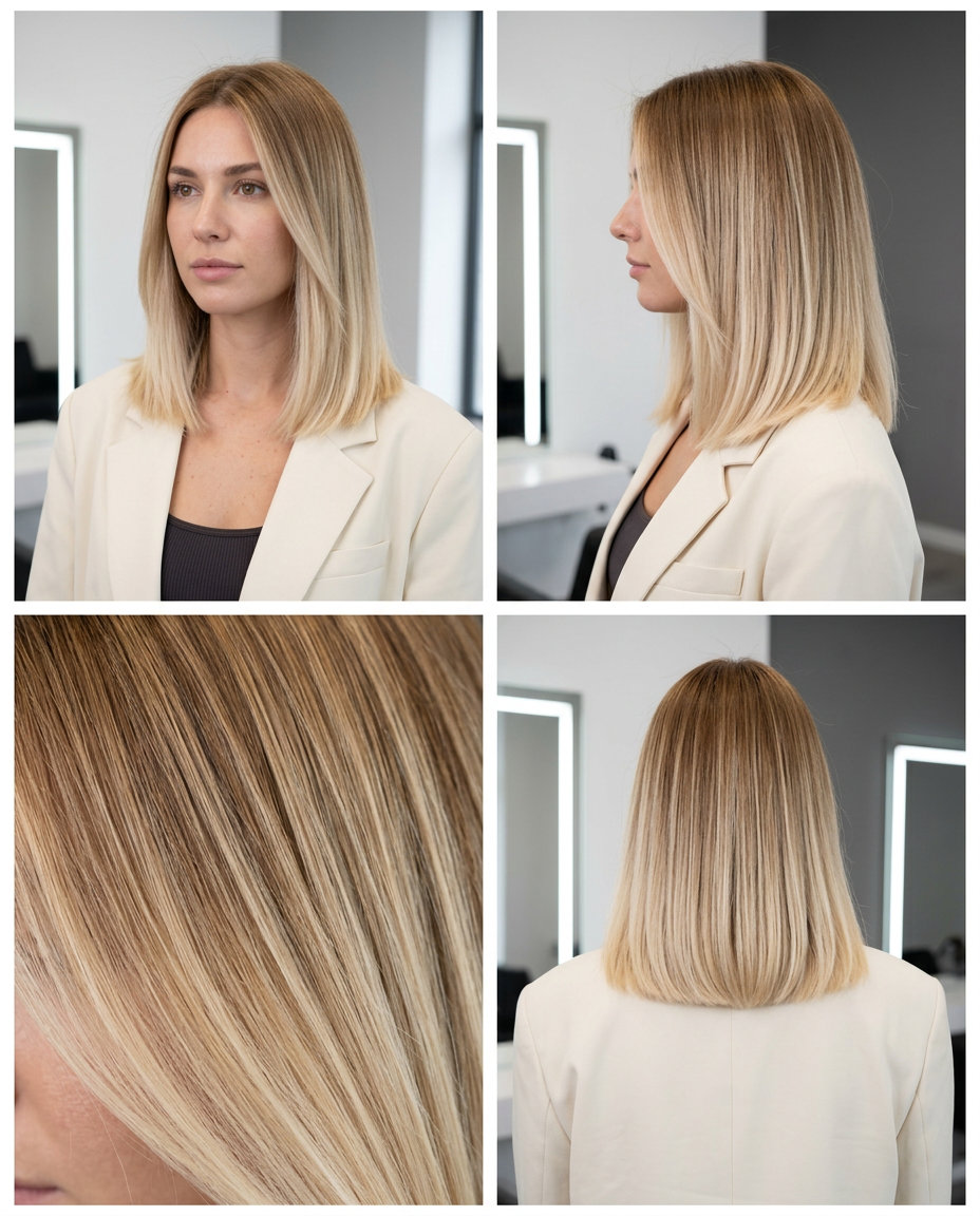 shoulder-length lob ombre with golden brown to vanilla blonde melt, face-framing layers, blunt perimeter — elegant modern soft