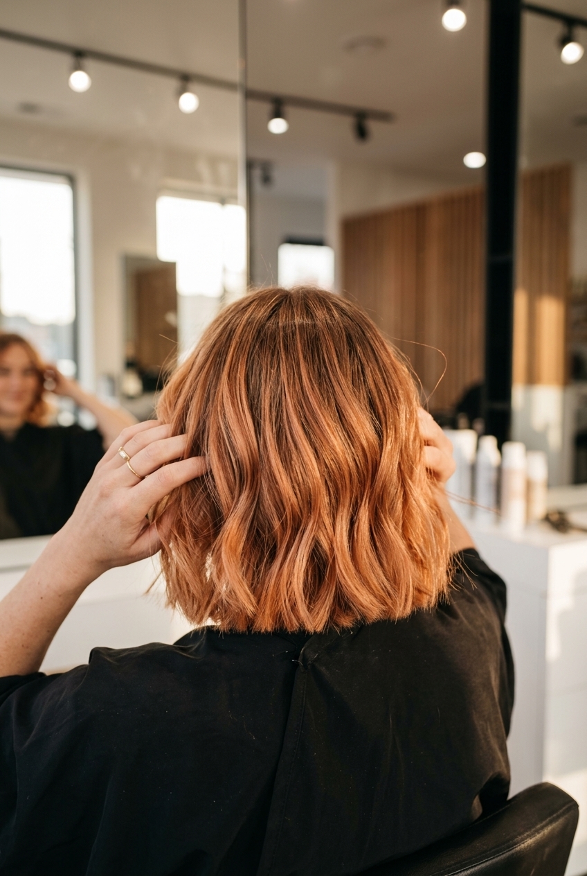 shoulder-length golden copper bob with balayage and blunt perimeter for summer