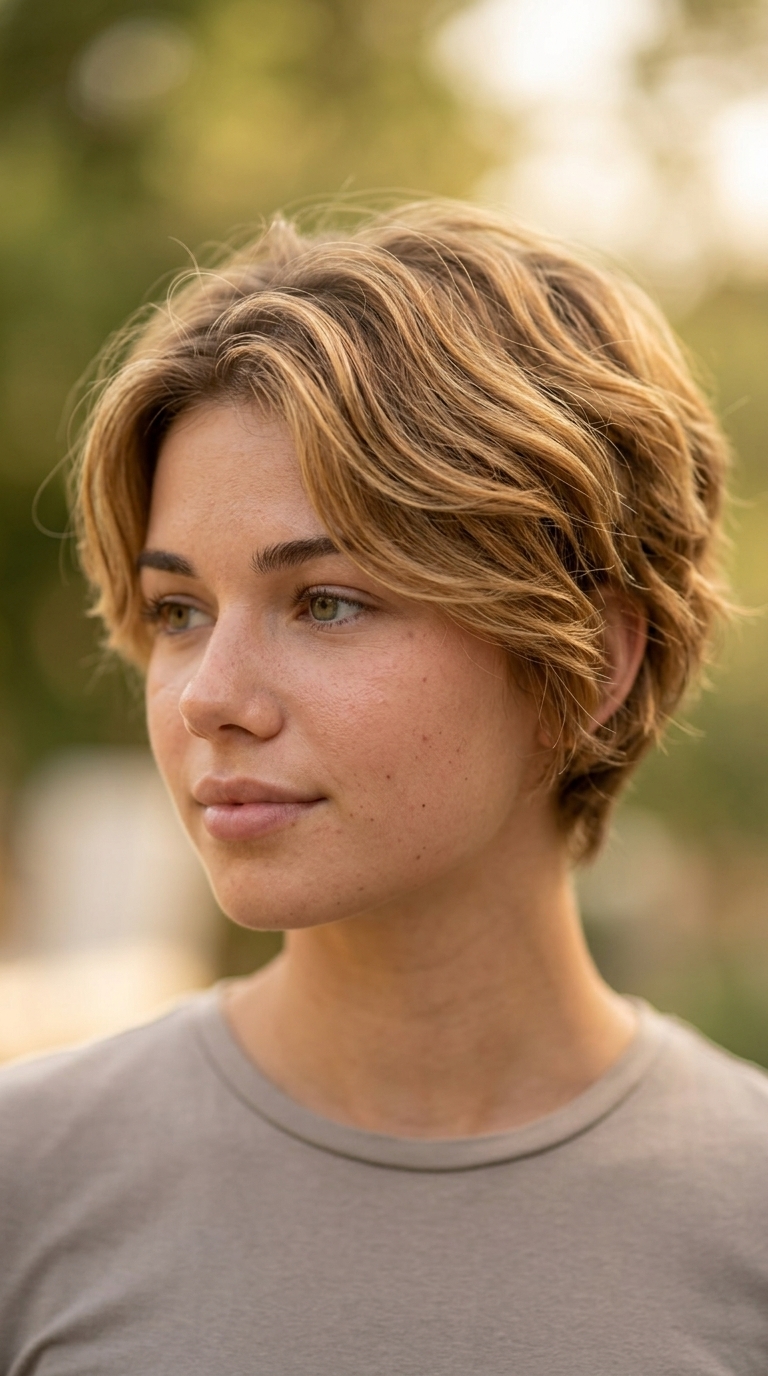very short pixie haircut with golden honey balayage on light brown, soft waves and tapered sides — soft and bohemian