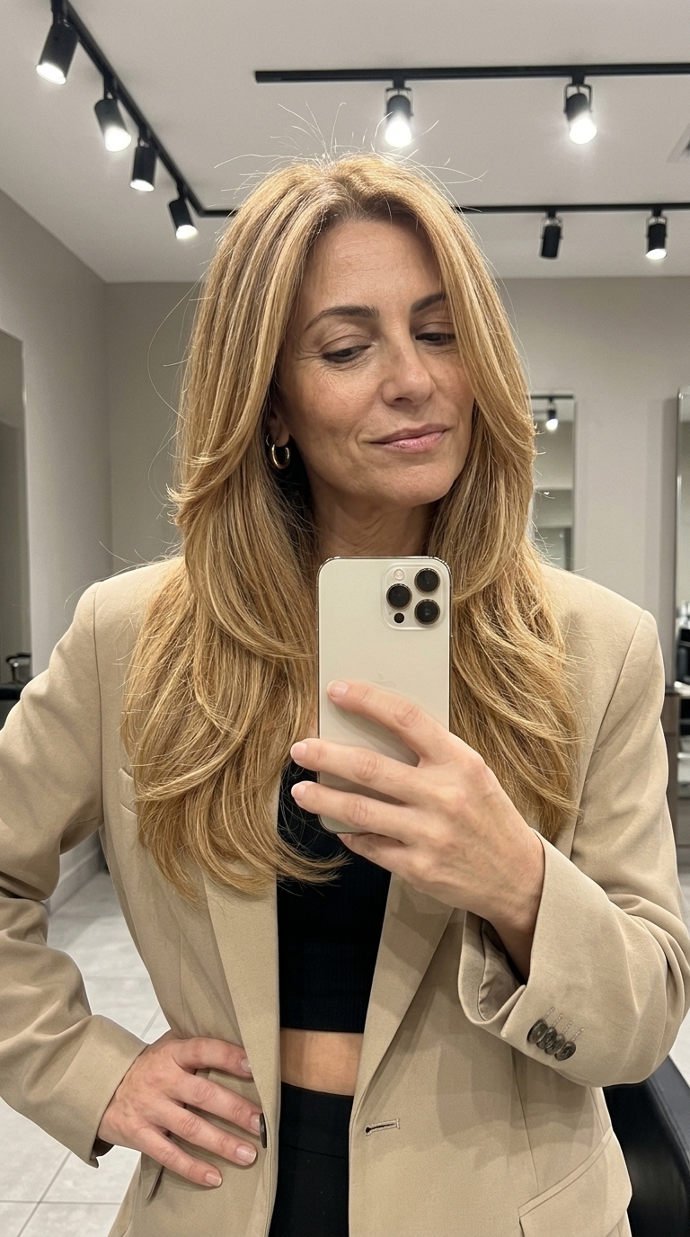 long flowing haircut with soft graduated layers and warm honey blonde hair, golden caramel babylights — glamorous sophisticated look