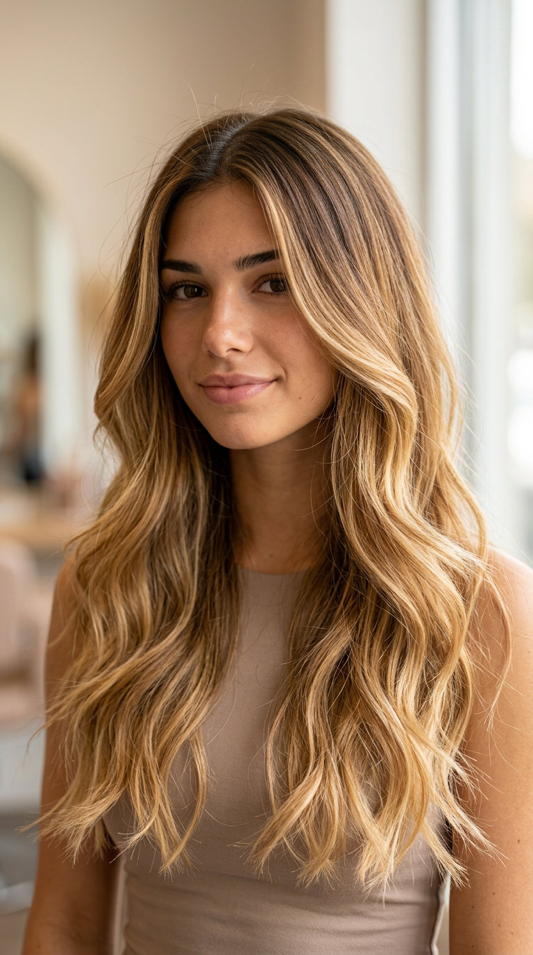 long layered haircut with golden honey blonde ombre, V-cut back — radiant classic summer style
