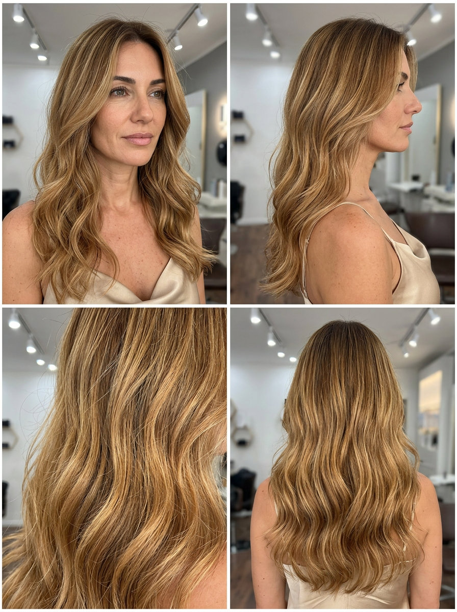 long flowing haircut with golden honey ombré and caramel ends, seamless layers and long face-framing pieces for boho-chic