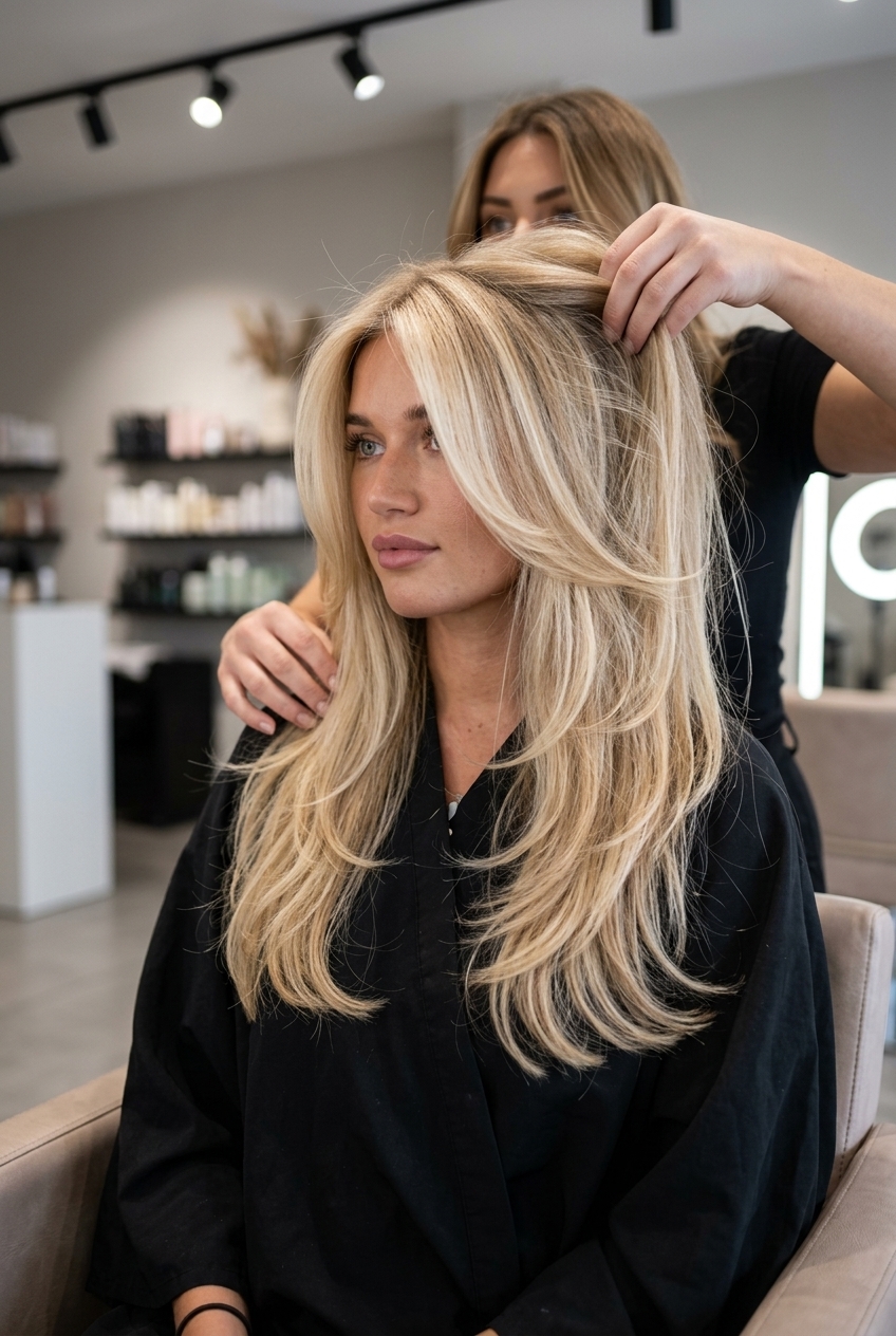 long dimensional blonde hair with golden, creamy, vanilla highlights, foilyage/balayage, romantic waves for formal event