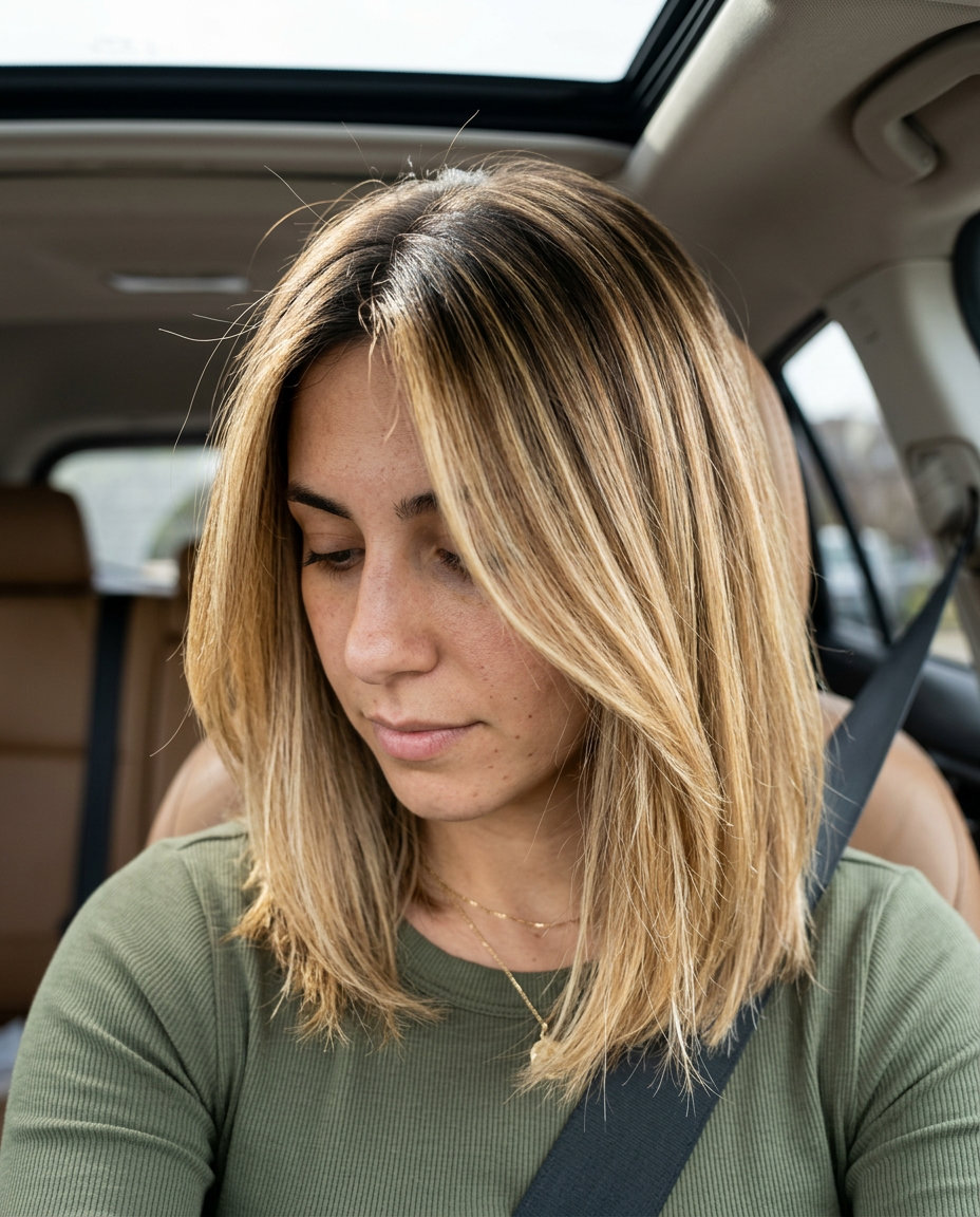 shoulder-length golden sandy blonde with natural root, balayage highlights — effortless summer lob