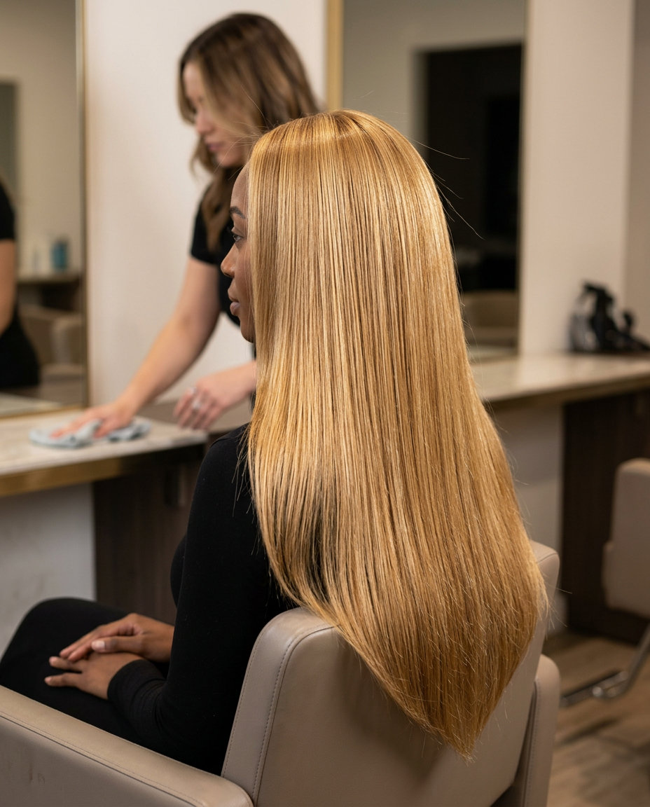 long V-shaped haircut in glossy golden syrup blonde, blunt perimeter, no fringe — bold glamorous