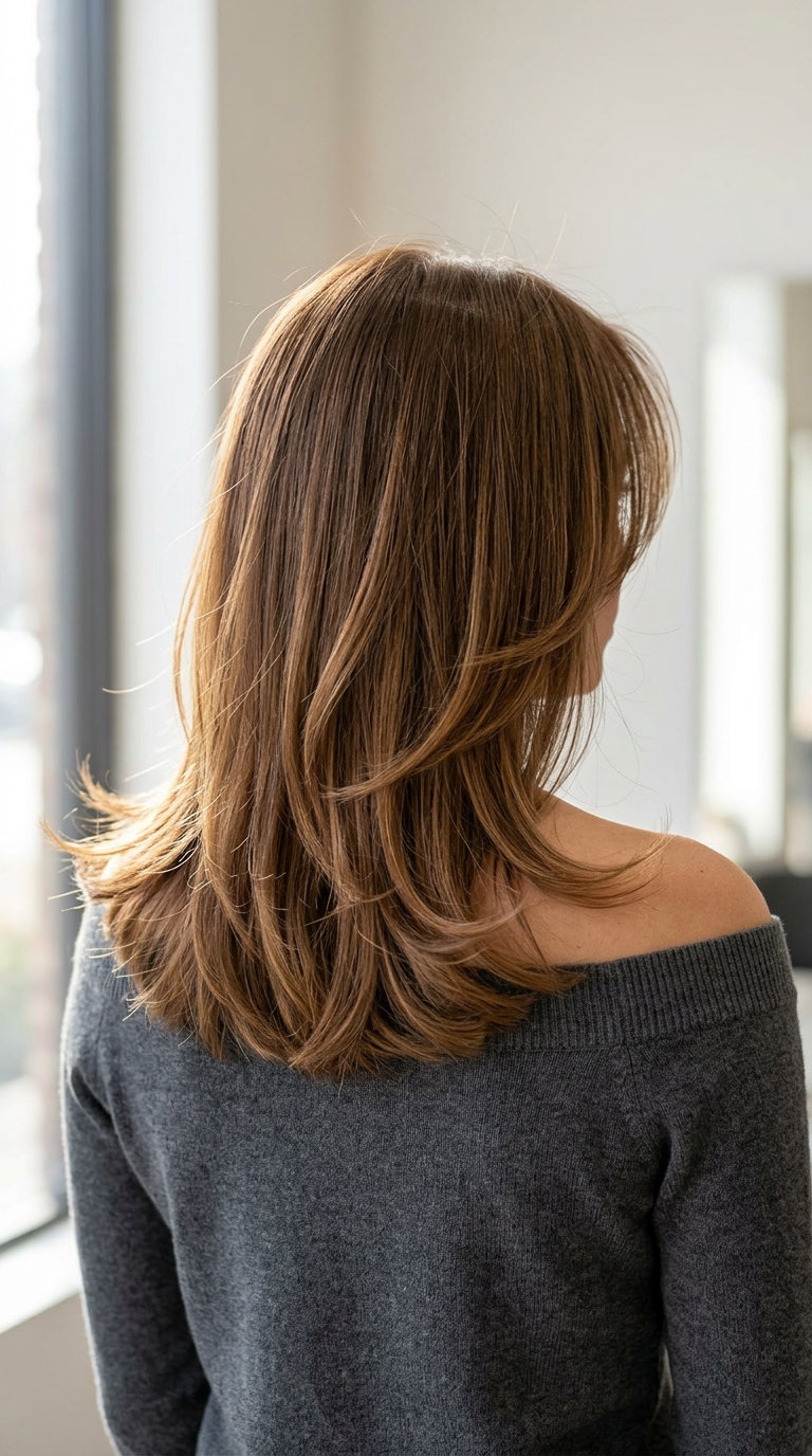 collarbone-length bob haircut in golden walnut brunette with warm undertones, face-framing layers — edgy, playful