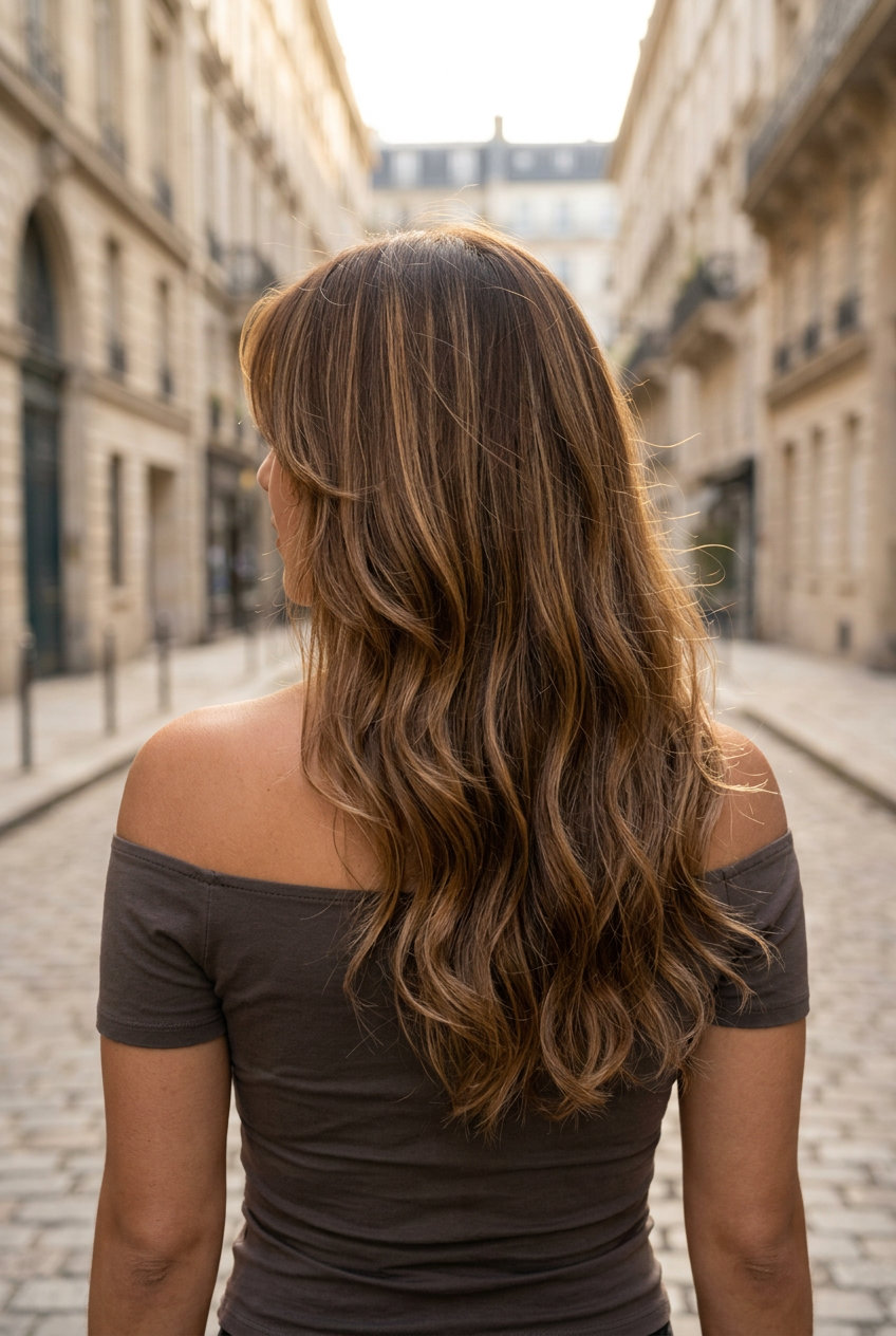 long haircut in golden walnut brunette with caramel babylights, wispy bangs — romantic, effortless