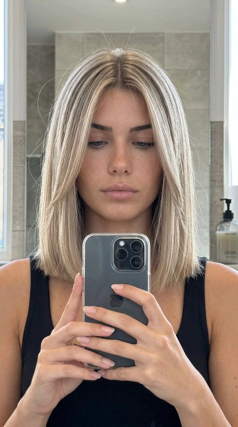 Summer 2026 Minimalist Linen Greige Blonde Midi Cut collarbone-length midi haircut with linen greige blonde color, blunt cut, minimal layers β minimalist chic 2026