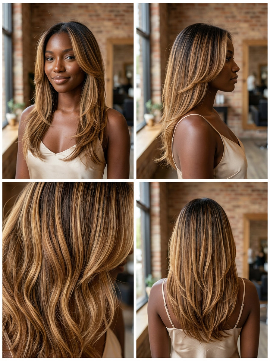 long honey blonde and amber balayage with cascading layers for beach vacations