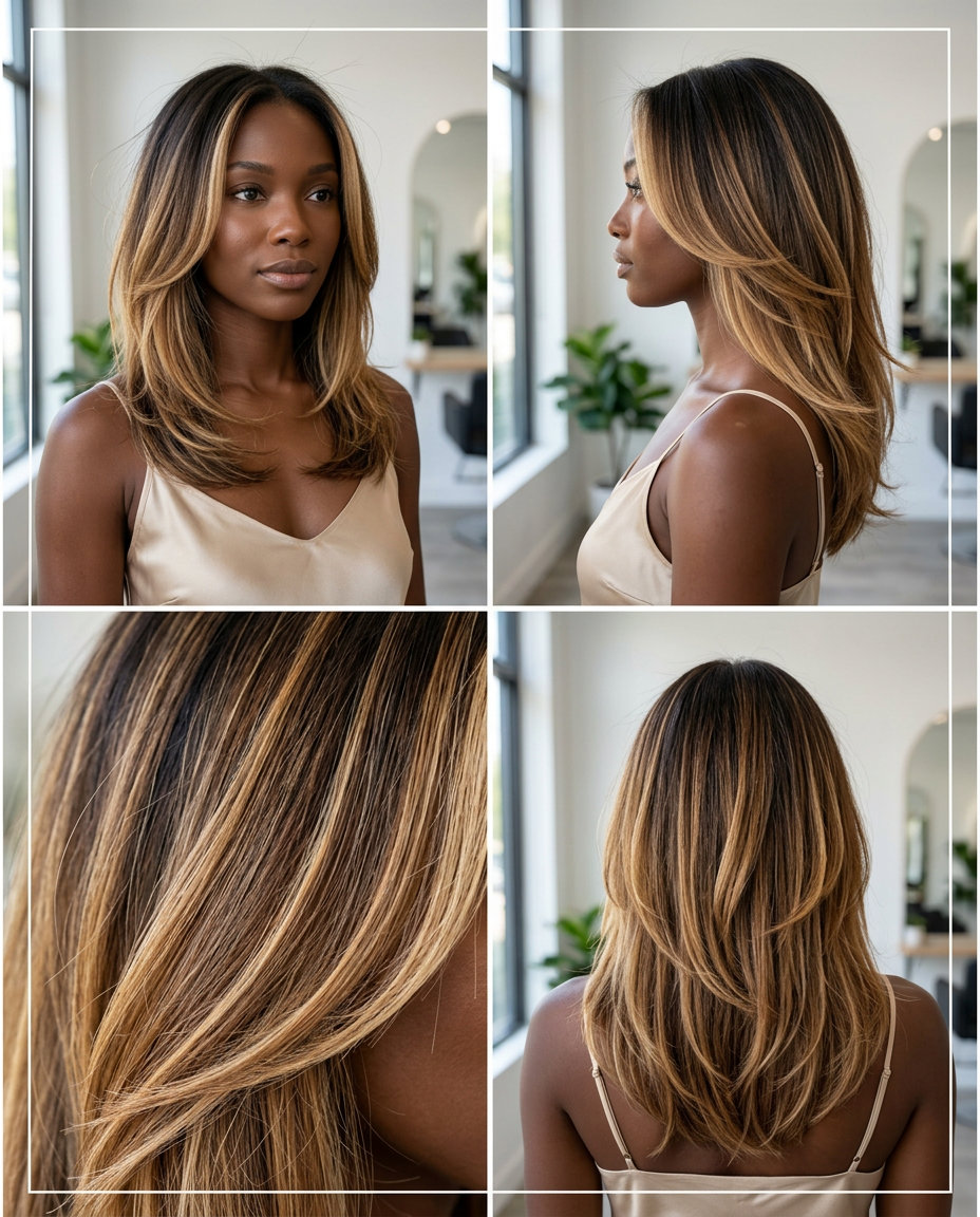 long face-framing layers with honey blonde and amber balayage, soft V-shape back — soft and radiant