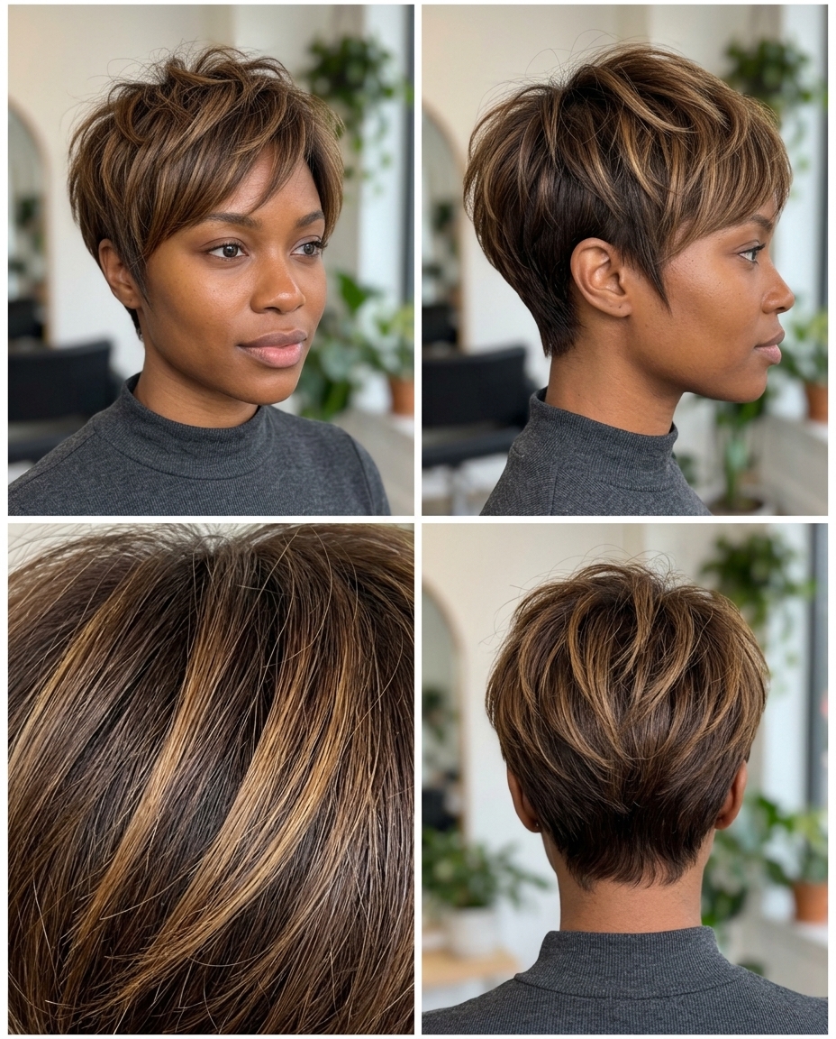 very short pixie haircut with honey balayage on warm brunette, feathered layers and soft taper — soft and natural