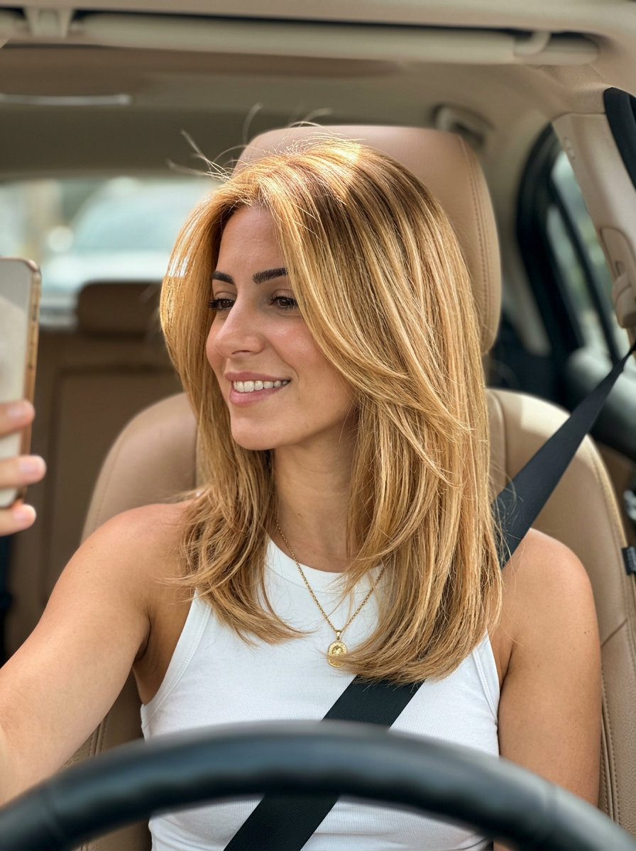 long honey blonde hair with golden babylights, caramel lowlights, soft root smudge — romantic layered look