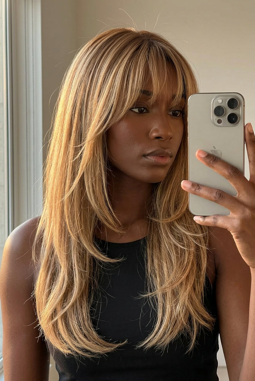 long layered haircut with sun-kissed honey blonde balayage, face-framing babylights, wispy Birkin bangs — romantic summer wedding guest