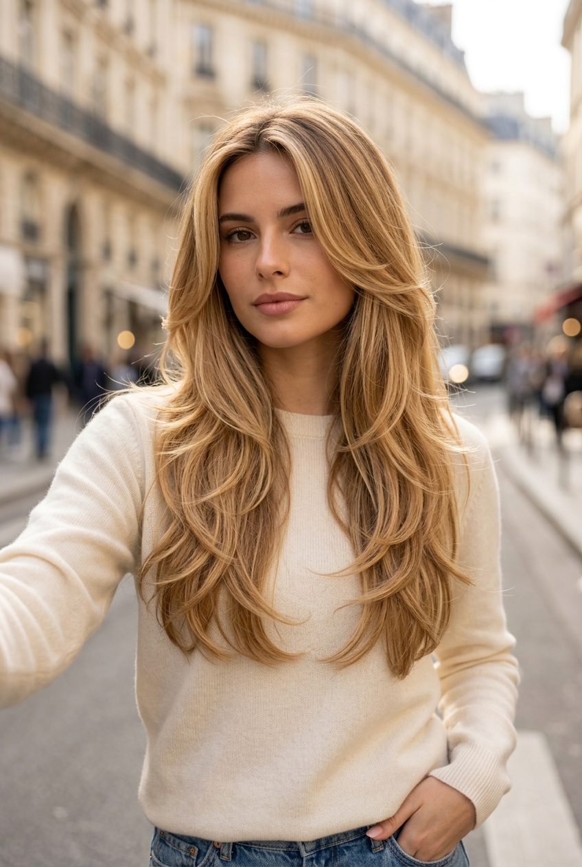 long layered dimensional summer blonde hair color 2026 with warm honey and golden caramel highlights, lived-in balayage and babylights, face-framing layers — soft and luminous