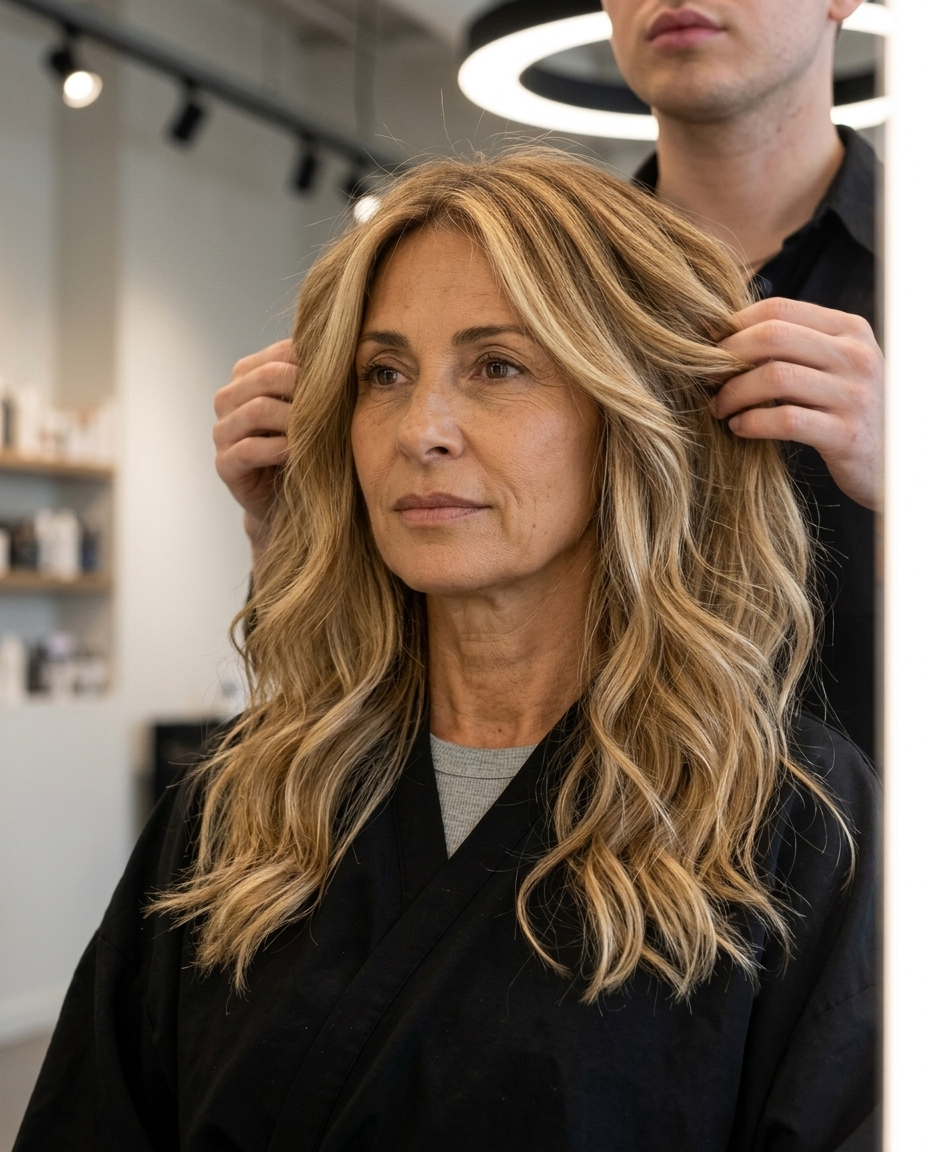 long layered haircut in honey blonde balayage, face-framing layers, V-cut, bottleneck bangs — effortless bohemian