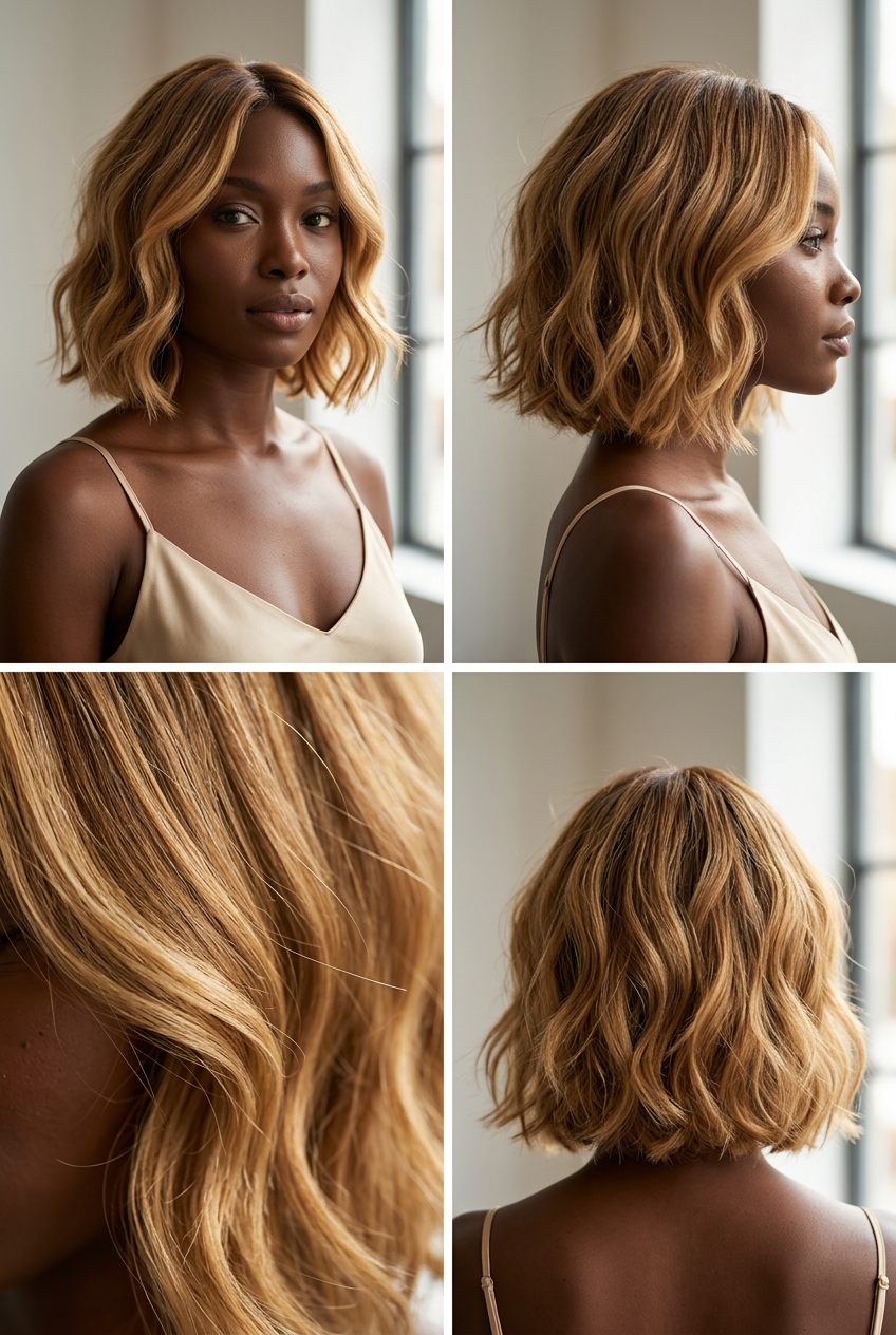 neck-length bob in warm golden honey blonde with diffused perimeter for summer