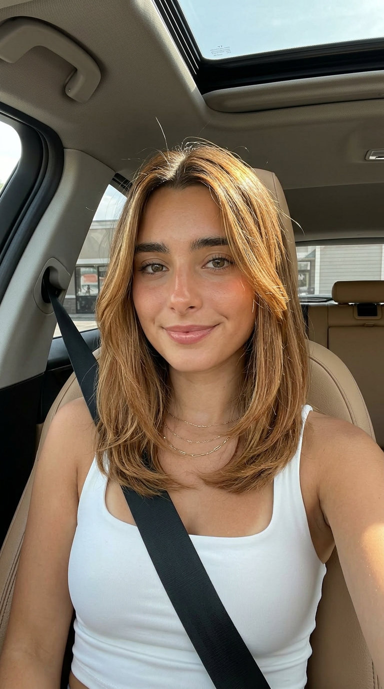 collarbone-length mid-length cut with honey-copper balayage, internal long layers, and face-framing pieces for office work